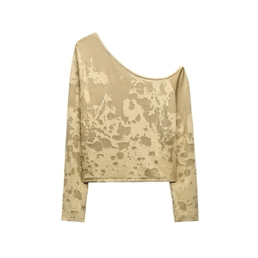 ZARA Medium Asymmetrical One Shoulder Textured Knit Long Sleeve Top Beige Tan